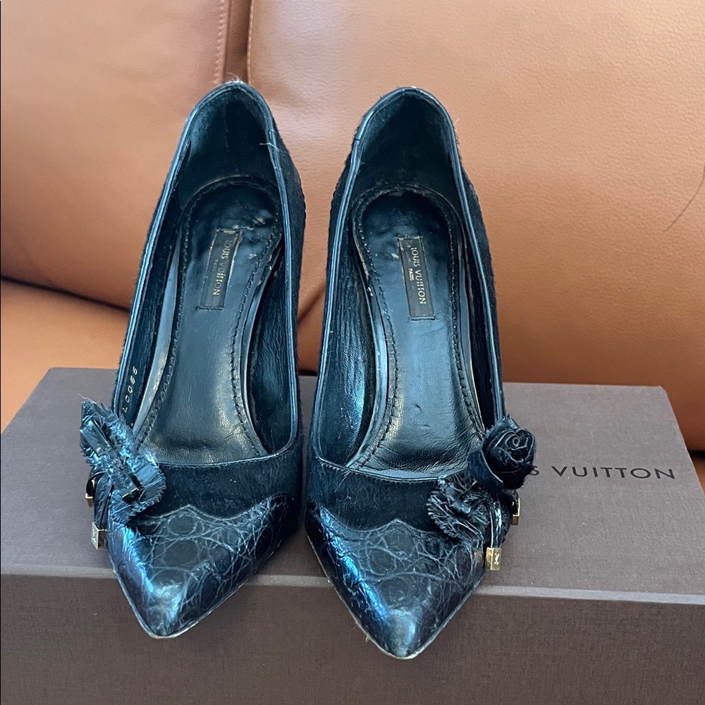 Vintage Leather & Pony Hair Black Louis Vuitton Heels with Floral Detail